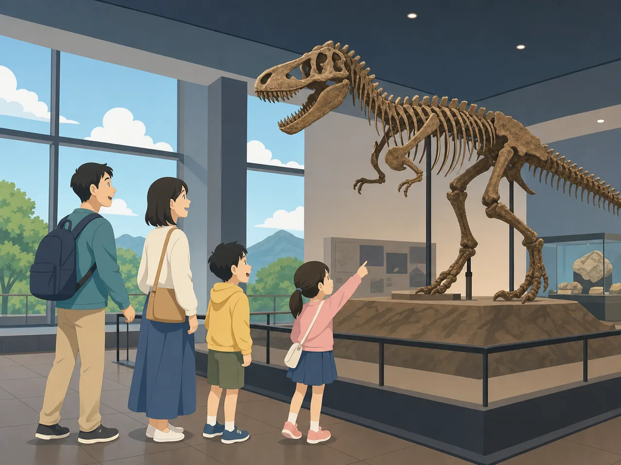 福井で恐竜を学ぶ家族旅行（フラットイラスト）。福井旅行、恐竜博物館、家族旅行、北陸旅行の記事や案内に使える商用素材です。