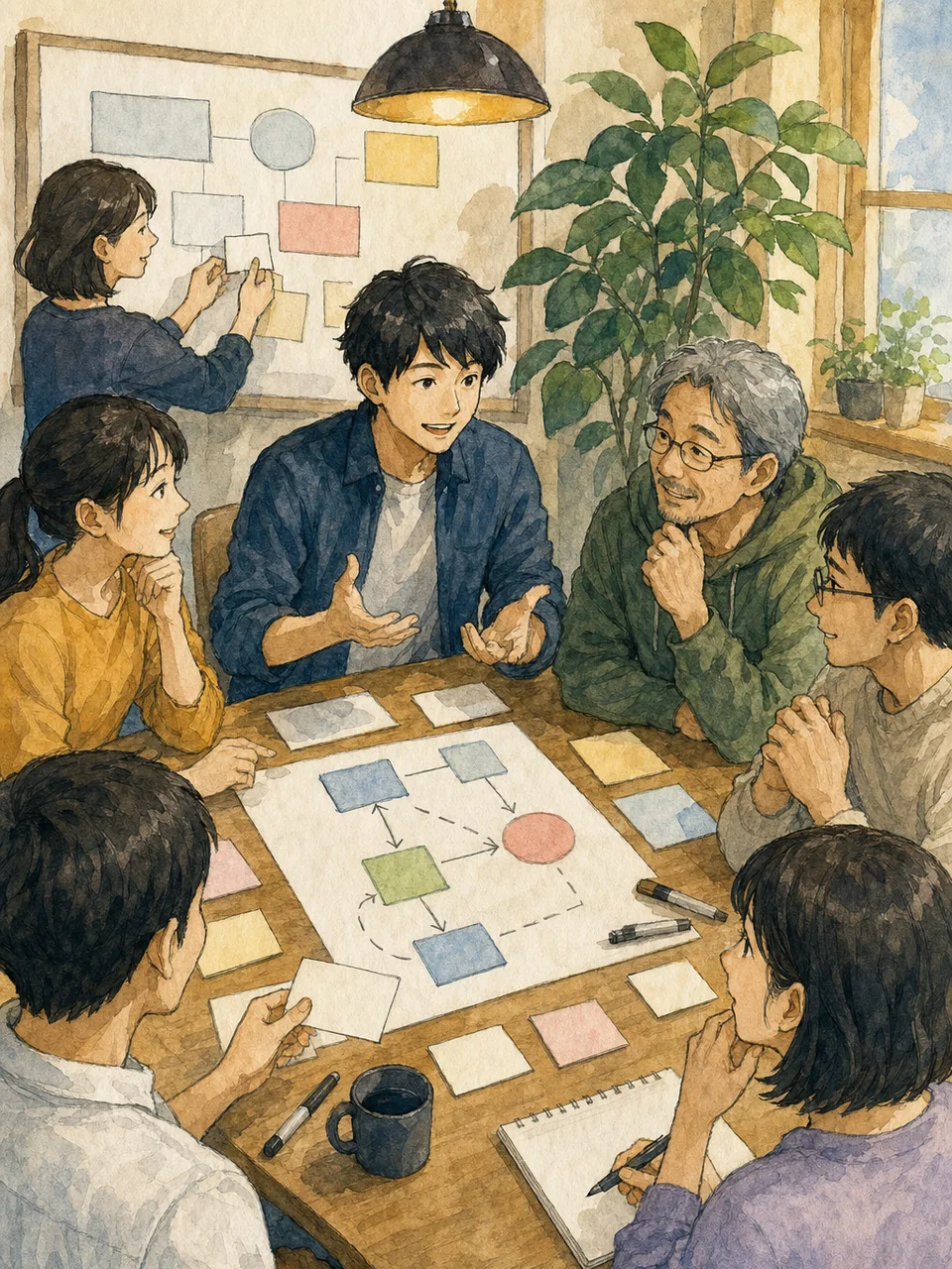 オープンソースを語る日本人開発者（手描き水彩）。オープンソース、開発者コミュニティ、勉強会、ソフトウェア開発の記事や案内に使える商用素材です。