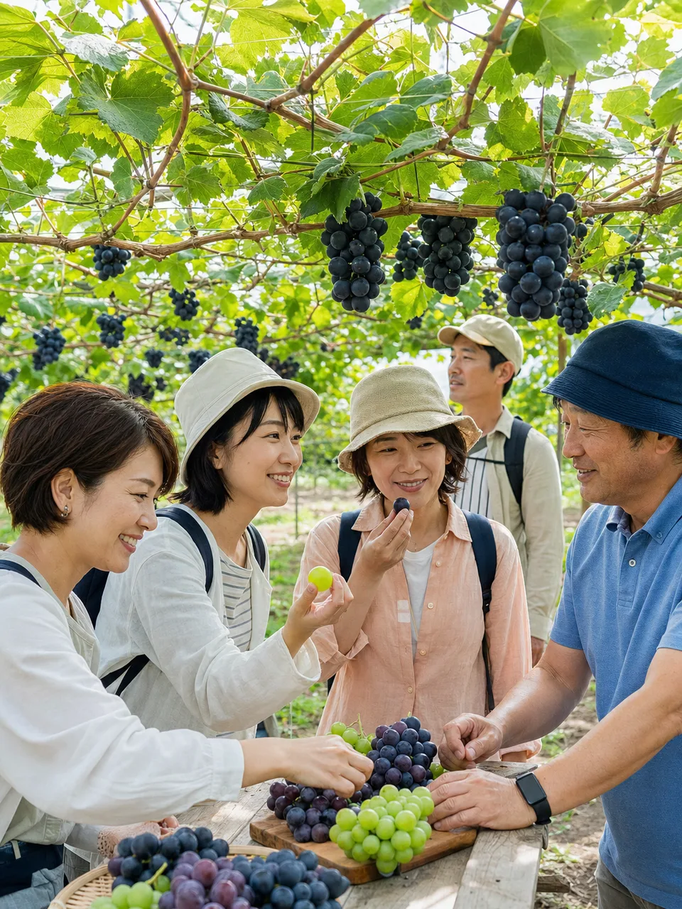 山梨のぶどう畑を訪れる旅行者（自然な縦位置写真）。山梨旅行、ぶどう畑、果樹園、ぶどう狩りの記事や案内に使える商用素材です。