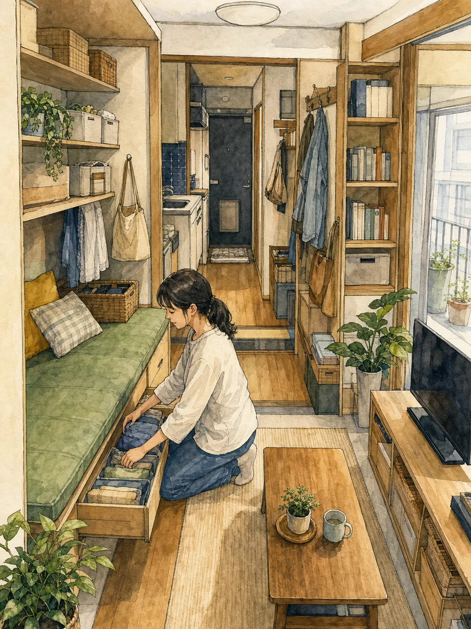 狭小住宅の収納を工夫する日本人（手描き水彩）。狭小住宅収納、収納アイデア、小さな住まい、整理の記事向け素材です。