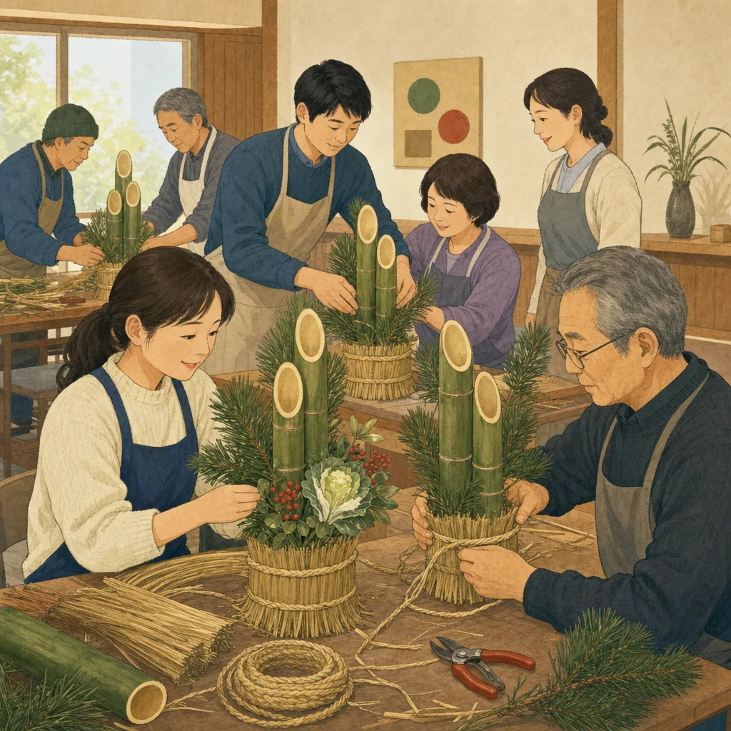 門松を作る日本人地域住民（編集記事向け）。門松作り、正月飾り、新年準備、伝統文化の記事や案内に使える商用素材です。