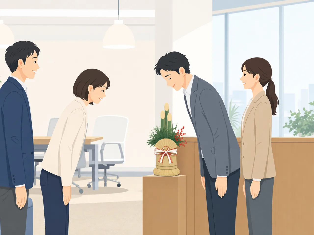 日本企業の新年の挨拶（フラットイラスト）。企業の年始挨拶、仕事始め、広報に使いやすい、日本人ビジネスチームの新年素材です。