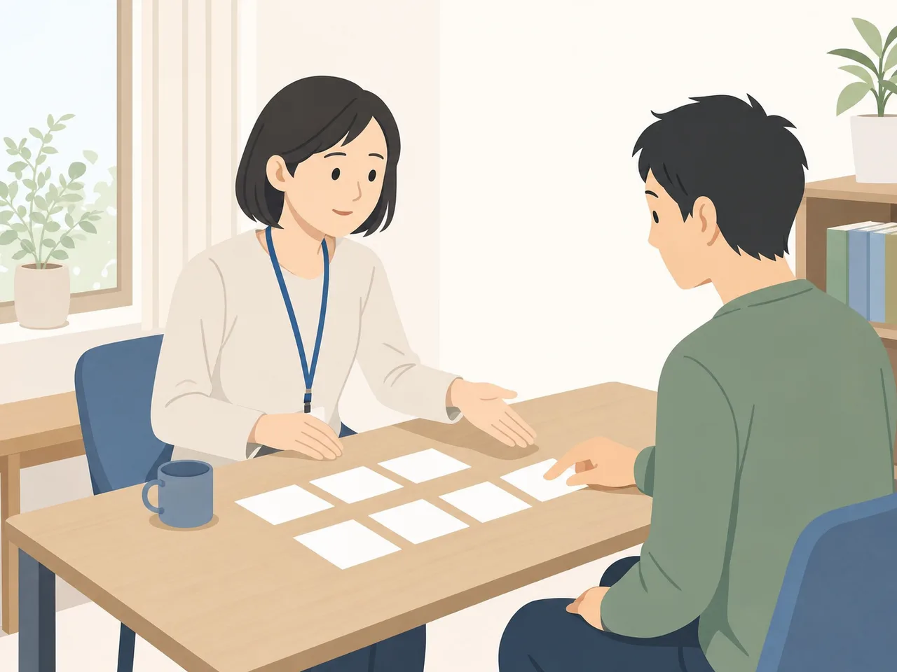 生活相談に寄り添う日本人社会福祉士（フラットイラスト）。社会福祉士、生活相談、地域福祉、支援窓口の記事向け素材です。