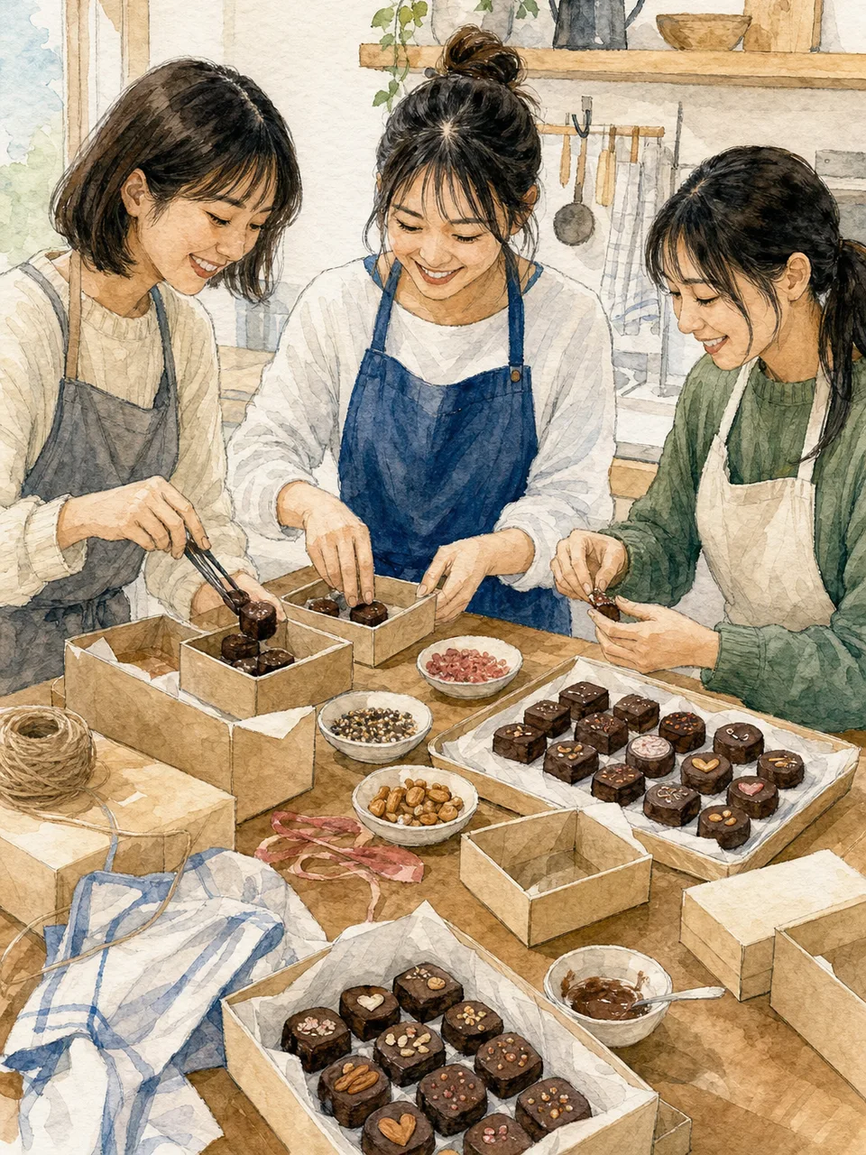 バレンタインの贈り物を作る日本人（手描き水彩）。バレンタイン、手作りお菓子、友情、冬のイベントの記事向け素材です。
