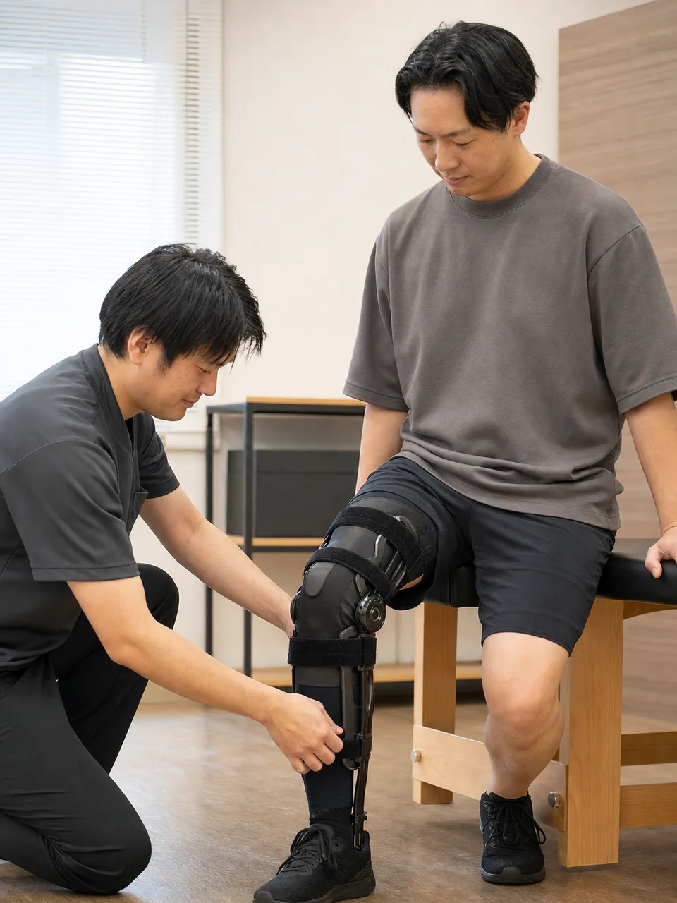 装具を調整する日本人義肢装具士（自然な縦位置写真）。義肢装具士、装具、福祉用具、リハビリの記事や案内に使える商用素材です。