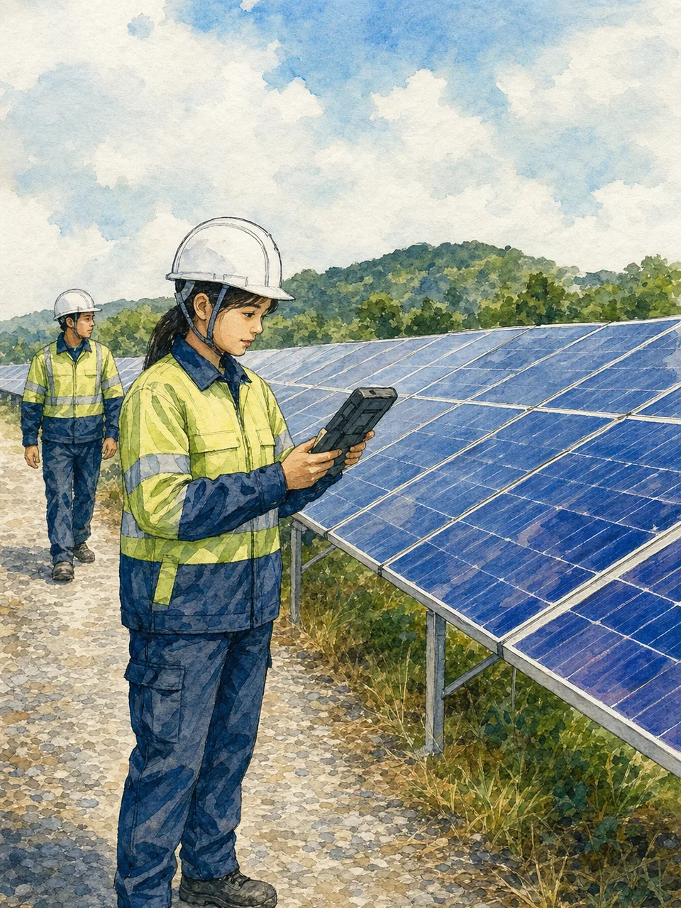 太陽光発電所を点検する日本人技術者（手描き水彩）。太陽光発電所、再生可能エネルギー、設備点検の記事向け素材です。