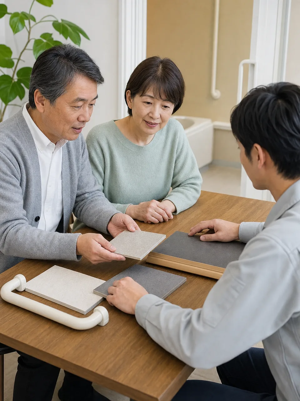 浴室のバリアフリー改修を相談する日本人（自然な縦位置写真）。浴室リフォーム、バリアフリー、手すり、高齢者住宅の記事や案内に使える商用素材です。