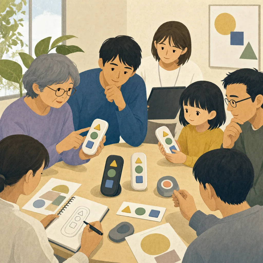 ユニバーサルデザインを評価する日本人利用者（編集記事向け）。ユニバーサルデザイン、製品テスト、ユーザビリティ、高齢者の記事や案内に使える商用素材です。