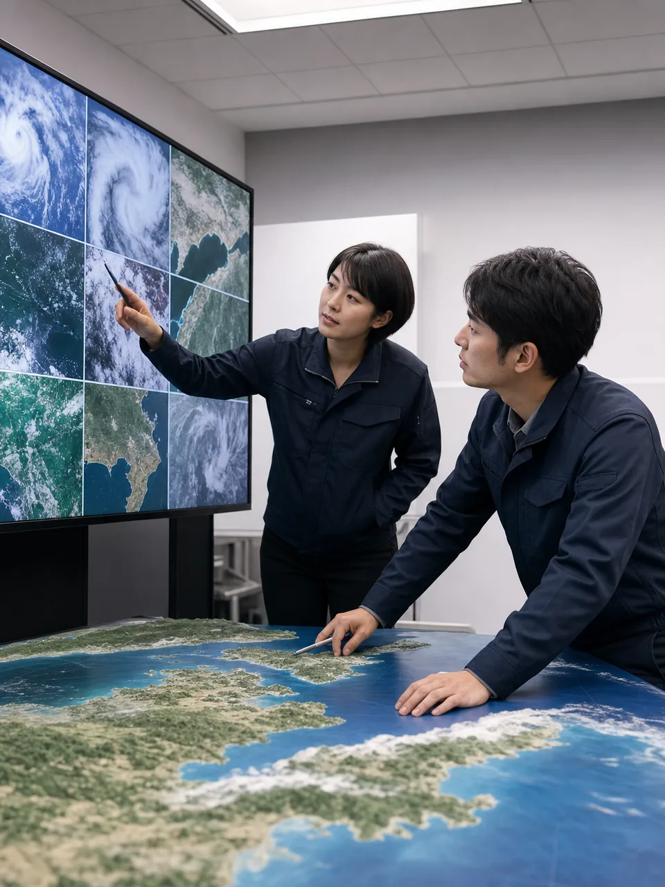 衛星データを分析する日本人研究者（自然な縦位置写真）。衛星データ、リモートセンシング、地理空間情報、データ分析の記事や案内に使える商用素材です。