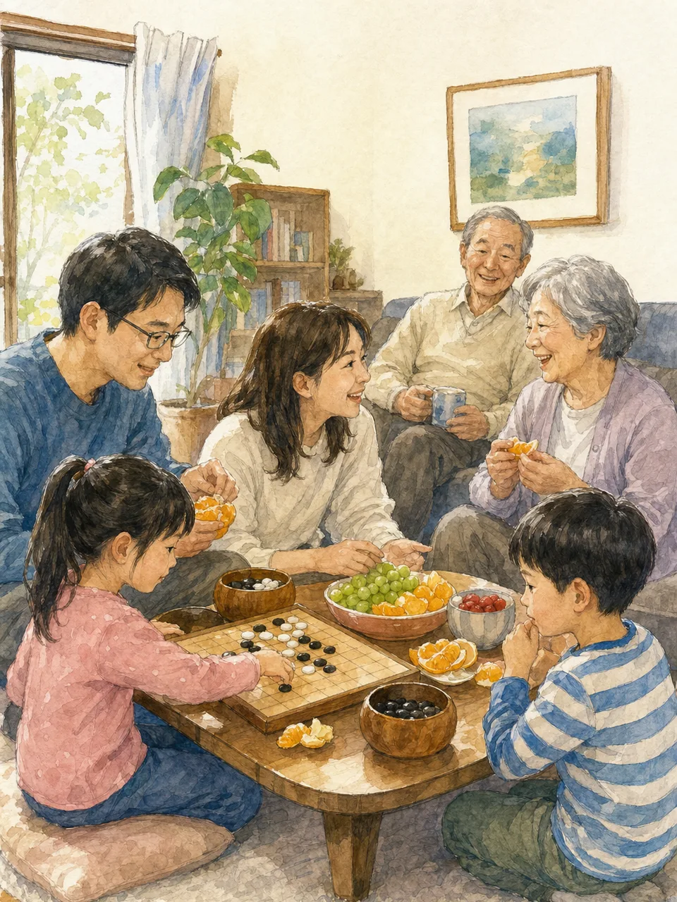 家族団らんを楽しむ日本人（手描き水彩）。家族団らん、三世代、休日、リビングの記事向け素材です。
