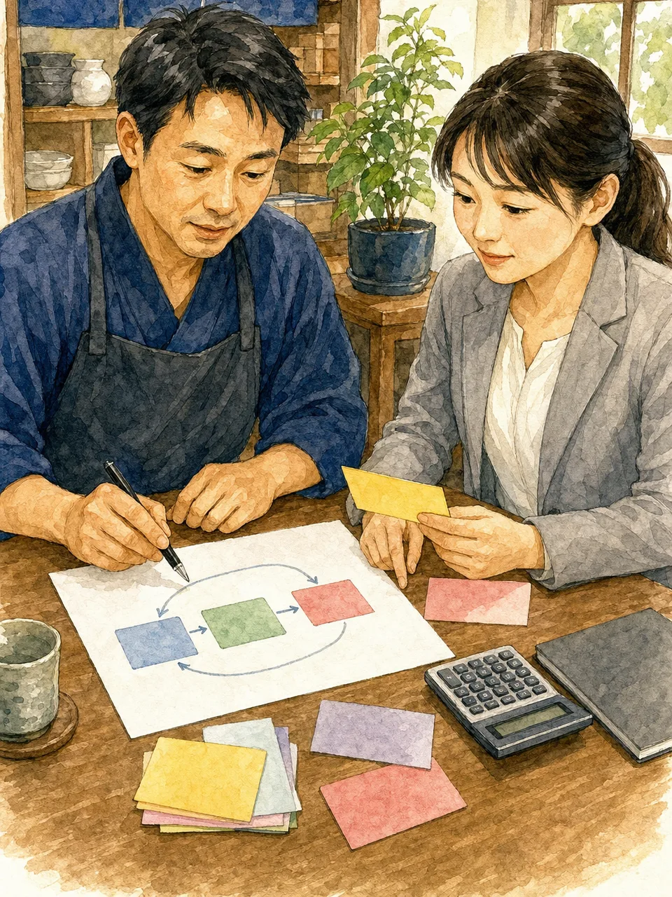 資金繰りを確認する日本の中小企業（手描き水彩）。資金繰り、中小企業、経営、会計の記事や案内に使える商用素材です。
