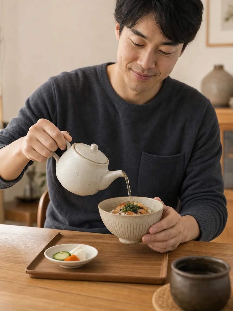 お茶漬けを味わう日本人（自然な縦位置写真）。お茶漬け、和食、軽食、ご飯の記事や案内に使える商用素材です。