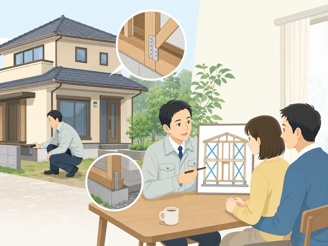 耐震診断を行う日本人技術者（フラットイラスト）。耐震診断、地震対策、住宅安全、建築の記事向け素材です。