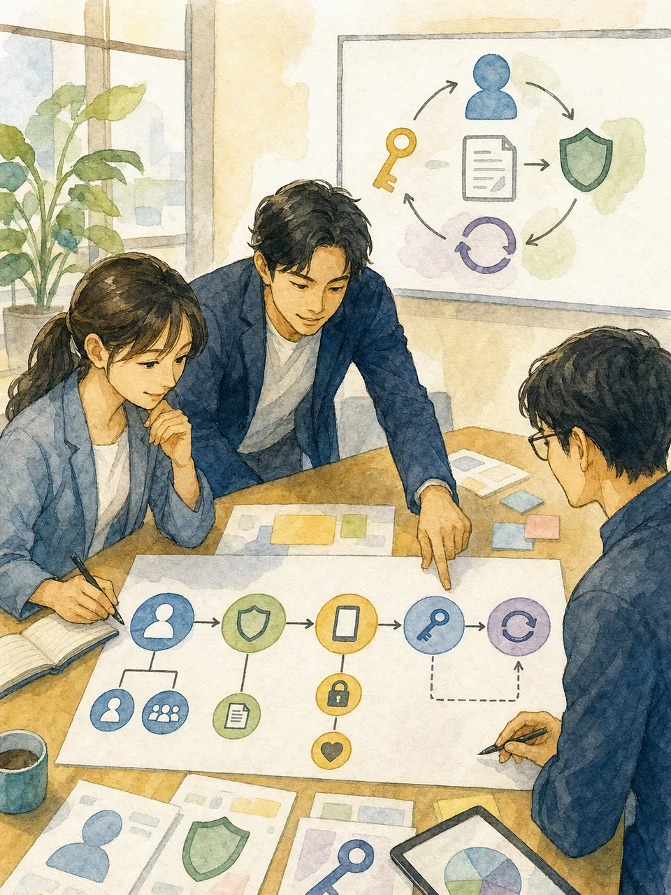 デジタル本人確認を設計する日本人チーム（手描き水彩）。デジタル本人確認、デジタルID、eKYC、認証の記事や案内に使える商用素材です。