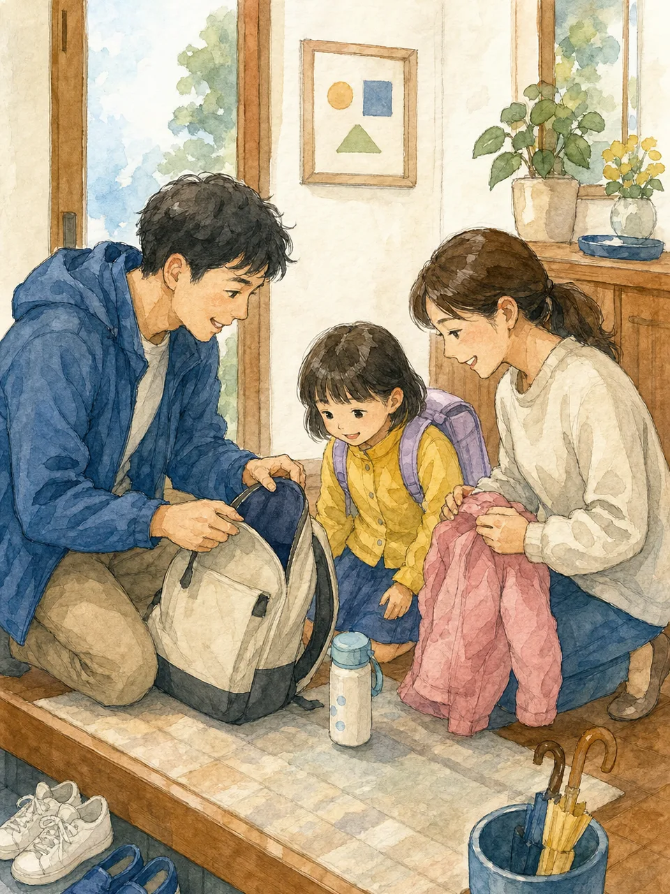 登校準備を協力する日本人の親（手描き水彩）。登校準備、共同育児、子育て、共働き家庭の記事や案内に使える商用素材です。
