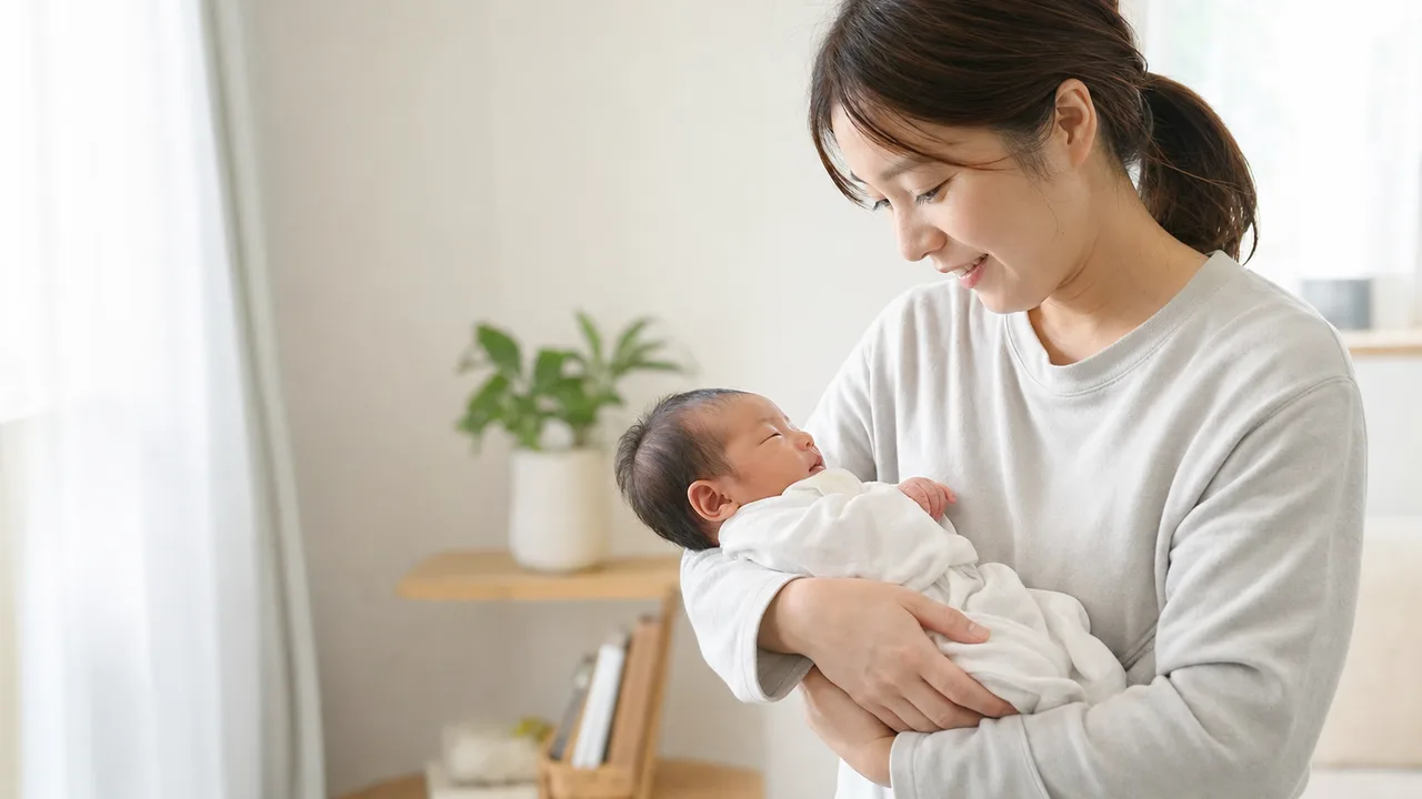赤ちゃんを抱く日本人の母親（横長・コピースペース）。育児、出産、家族向けサービスの案内に使いやすい、母親と新生児の自然な日常素材です。