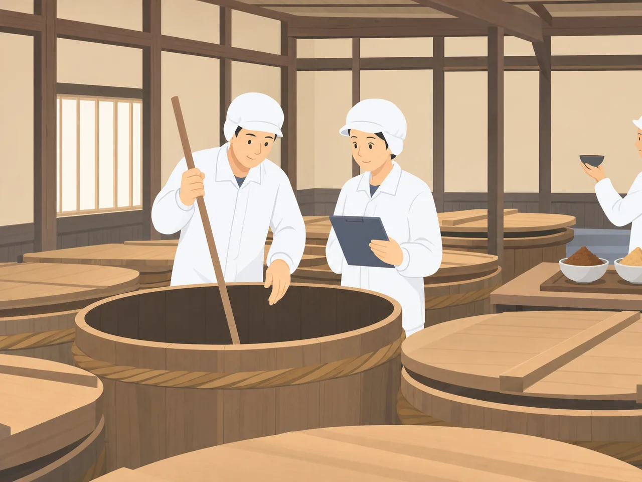 味噌蔵で発酵を管理する日本人（フラットイラスト）。味噌蔵、味噌作り、発酵食品、食品製造の記事や案内に使える商用素材です。