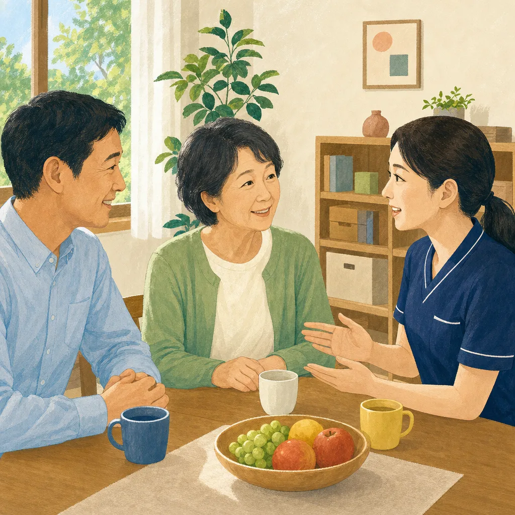 在宅療養の希望を話し合う日本人家族（編集記事向け）。在宅療養、緩和ケア、家族相談、意思決定支援の記事や案内に使える商用素材です。