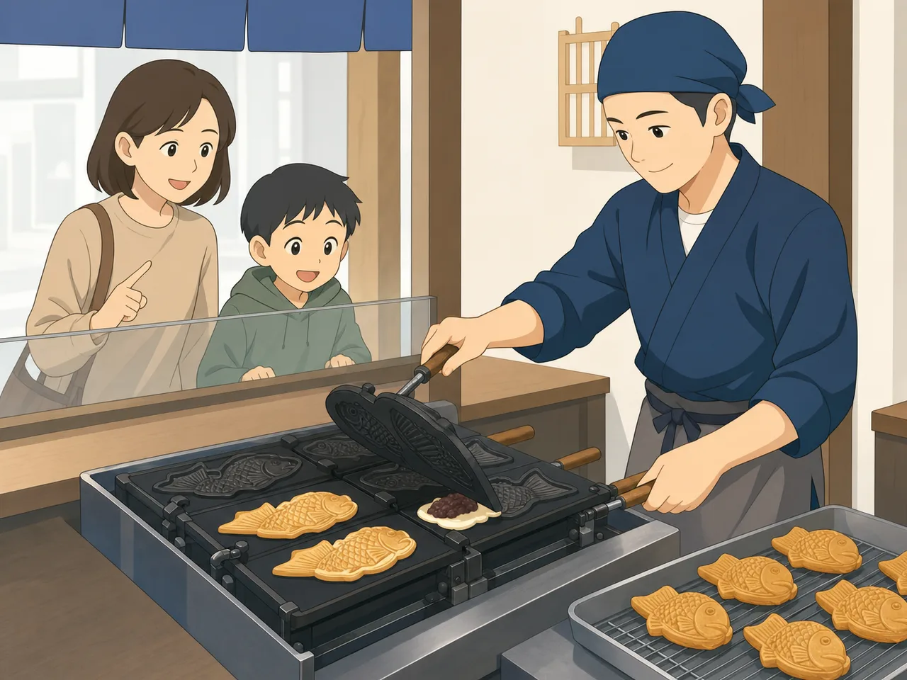 たい焼きを焼く日本人店員（フラットイラスト）。たい焼き、和菓子、商店街、食べ歩きの記事向け素材です。