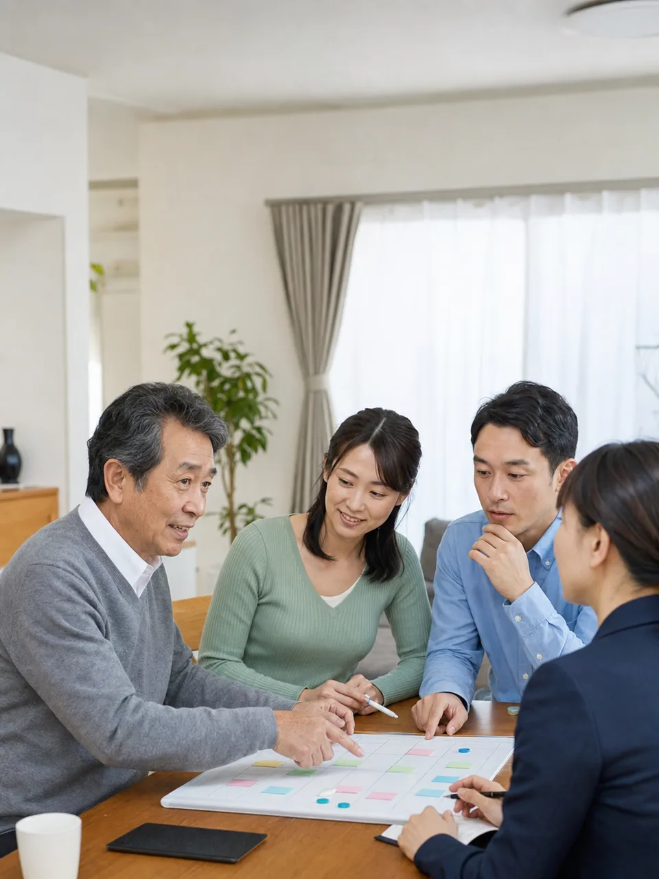 介護を協力する日本人家族（自然な縦位置写真）。介護する家族、家族介護、在宅生活、支え合いの記事向け素材です。