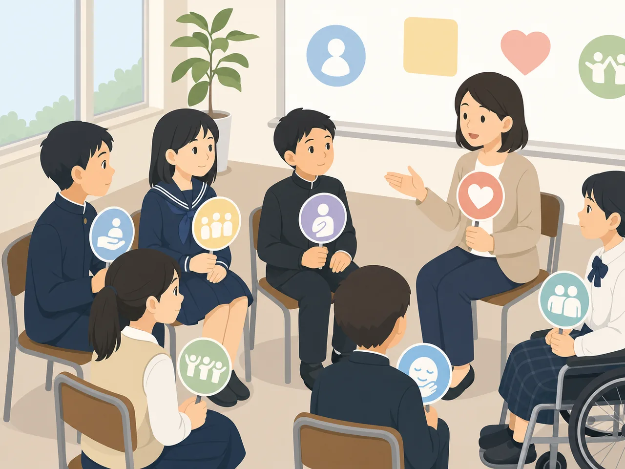 いじめ予防を話し合う日本人の生徒（フラットイラスト）。いじめ予防、人権教育、学級活動、生徒の記事や案内に使える商用素材です。