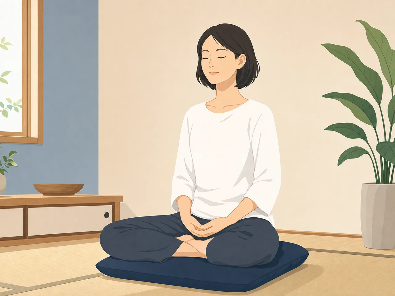 自宅で静かに呼吸を整える日本人（フラットイラスト）。マインドフルネス、瞑想、呼吸、リラックスの記事や案内に使える商用素材です。