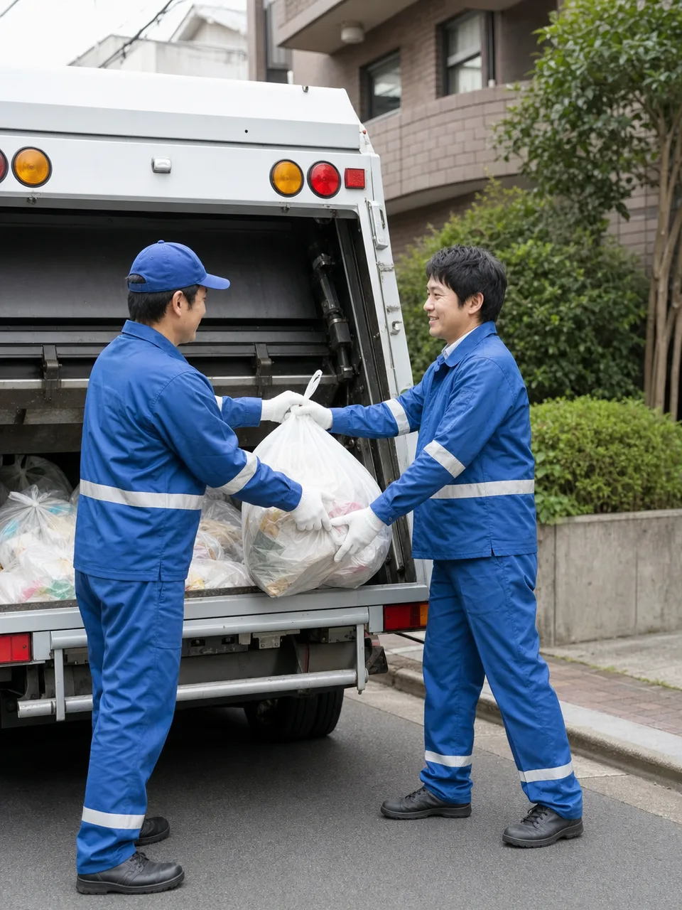 地域のごみを収集する日本人作業員（自然な縦位置写真）。ごみ収集、環境衛生、自治体、地域インフラの記事向け素材です。