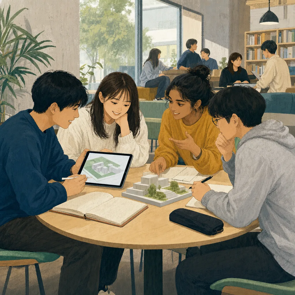 大学でプロジェクトに取り組む学生（編集記事向け）。大学案内、就職支援、ゼミ、学生生活を表現できるキャンパス素材です。