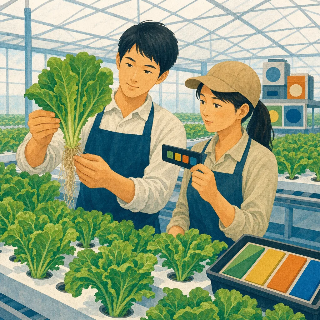 ハウスで水耕栽培をする日本人農家（編集記事向け）。水耕栽培、施設園芸、ビニールハウス、スマート農業の記事や案内に使える商用素材です。
