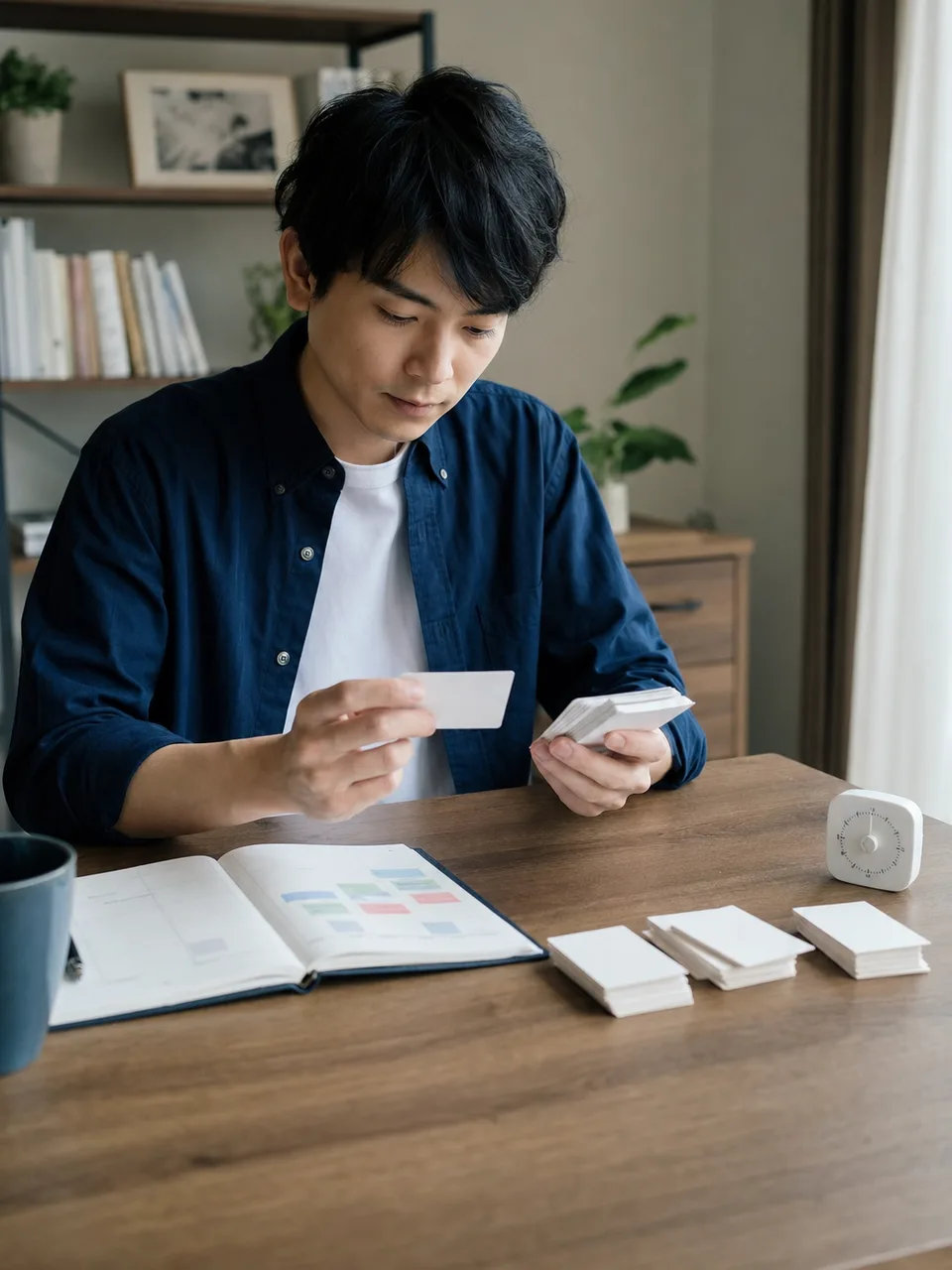 資格勉強をする日本人社会人（自然な縦位置写真）。資格勉強、試験対策、社会人、自己学習の記事向け素材です。