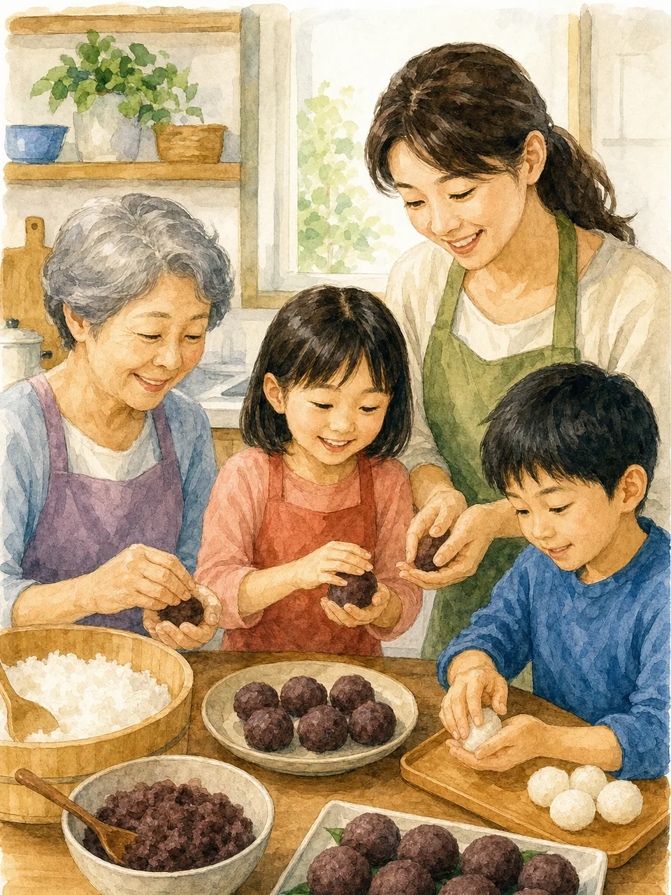 秋のお彼岸におはぎを作る日本人家族（手描き水彩）。秋のお彼岸、おはぎ、家族料理、伝統行事の記事や案内に使える商用素材です。