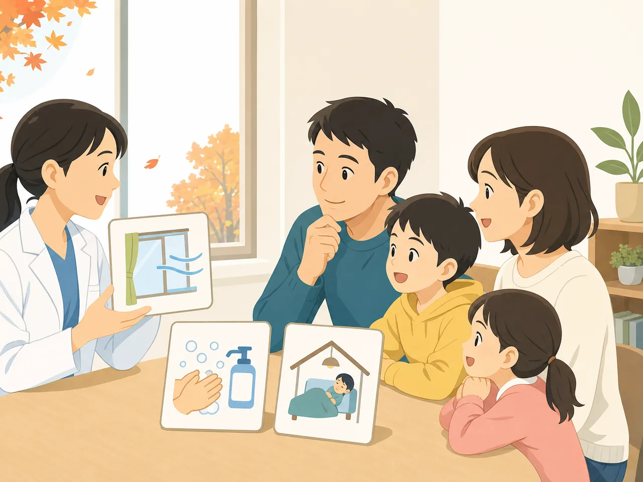 インフルエンザ対策を確認する日本人（フラットイラスト）。インフルエンザ、感染対策、予防、医療相談の記事向け素材です。