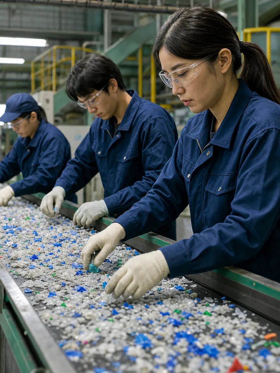 再生プラスチックを選別する日本人（自然な縦位置写真）。プラスチックリサイクル、資源循環、選別、再生材の記事や案内に使える商用素材です。