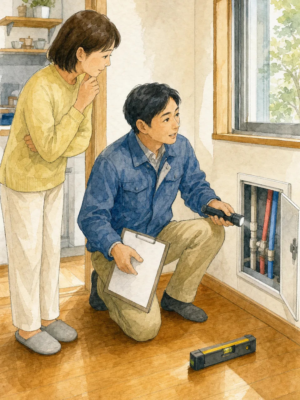 住宅点検をする日本人専門家（手描き水彩）。住宅点検、ホームインスペクション、建物診断、住宅購入の記事向け素材です。