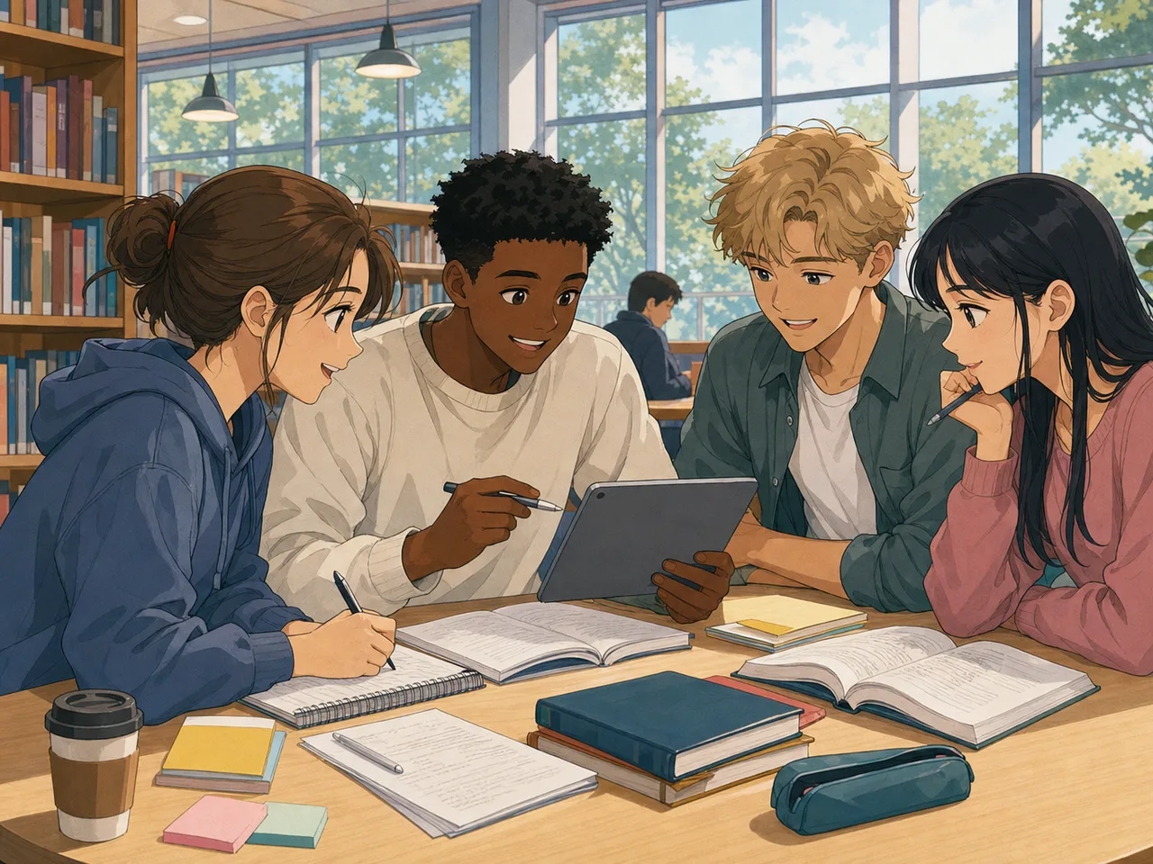 勉強する学生のアニメ風イラスト（アニメ風・やさしい配色）。教育、学習、受験の記事やアプリに使える、完全オリジナルのアニメ風学生素材です。