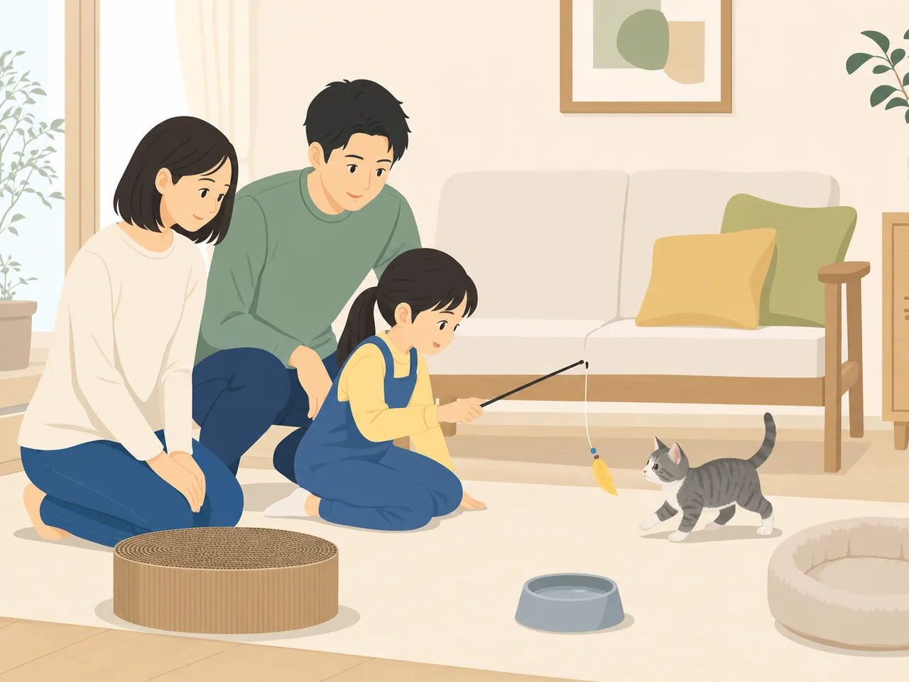 子猫を見守る日本人家族（フラットイラスト）。子猫、猫との暮らし、家族、ペットケアの記事向け素材です。