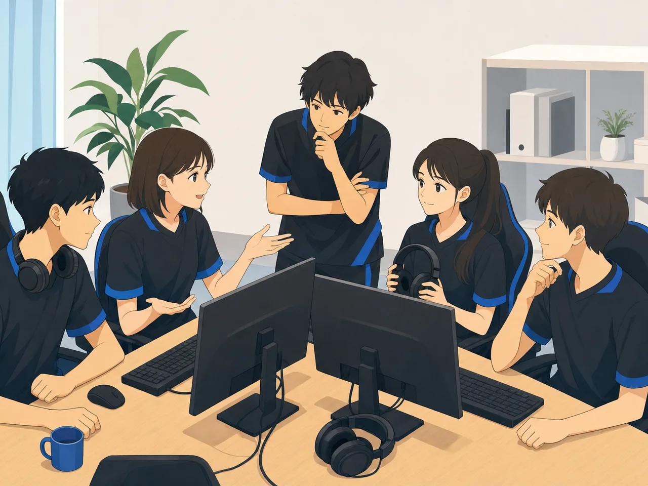 eスポーツを練習する日本人チーム（フラットイラスト）。eスポーツ、ゲーム、チームワーク、デジタル人材の記事向け素材です。