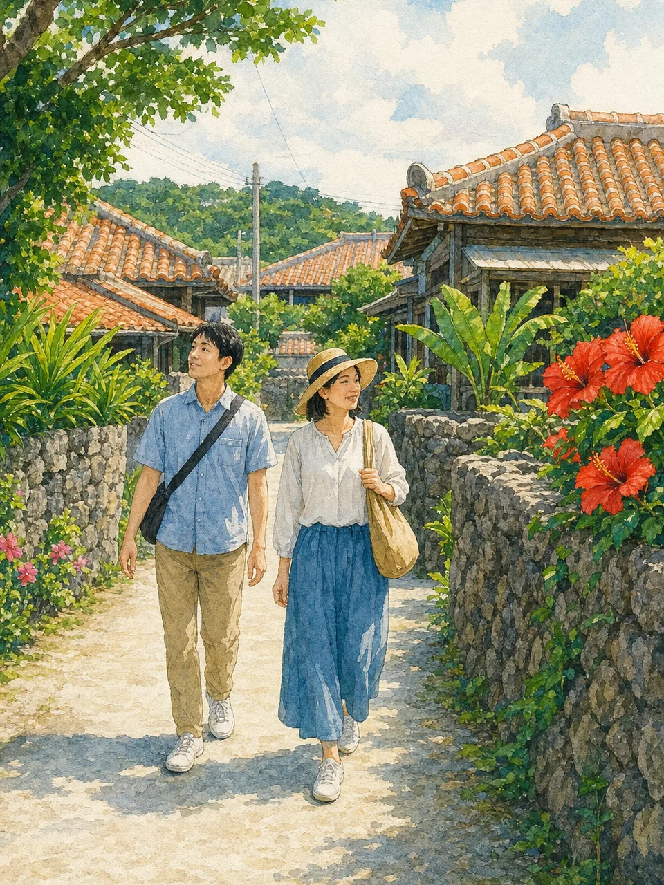沖縄の島の集落を歩く旅行者（手描き水彩）。沖縄の島集落、沖縄の赤瓦集落、沖縄旅行、赤瓦の記事や案内に使える商用素材です。