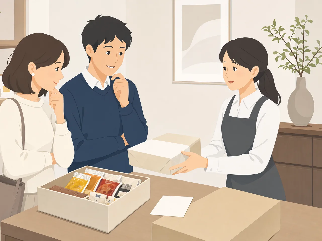 お歳暮を準備する日本人（フラットイラスト）。お歳暮、冬の贈り物、年末、感謝の記事向け素材です。