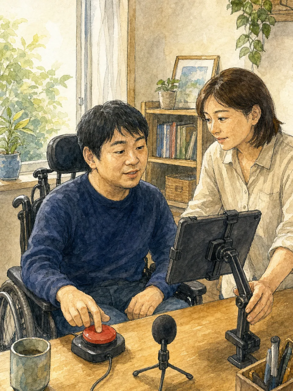 支援技術を自分に合わせて使う日本人（手描き水彩）。支援技術、アクセシビリティ、福祉機器、デジタル活用の記事向け素材です。