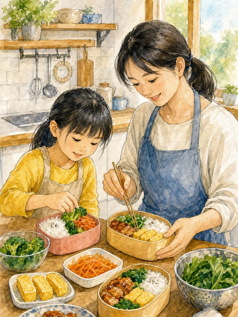 家族のお弁当を作る日本人（手描き水彩）。弁当、家事、子育て、食品や生活サービスに使える朝の調理素材です。