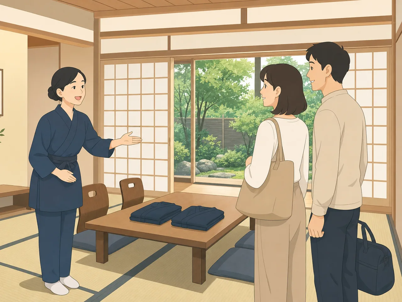 旅館で迎える日本人スタッフと旅行者（フラットイラスト）。旅館、温泉旅行、おもてなし、国内旅行の記事向け素材です。