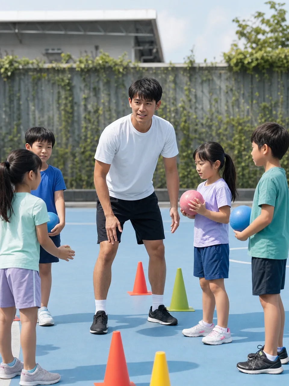 子どもの運動を支える日本人スポーツ指導者（自然な縦位置写真）。スポーツ指導者、子どもスポーツ、運動教室、コーチの記事や案内に使える商用素材です。