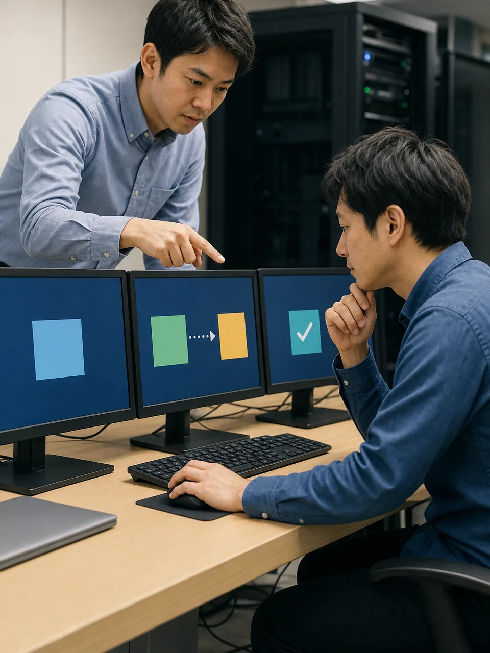 バックアップ復旧訓練をする日本人技術者（自然な縦位置写真）。バックアップ復旧訓練、復旧テスト、バックアップ、復旧訓練の記事や案内に使える商用素材です。
