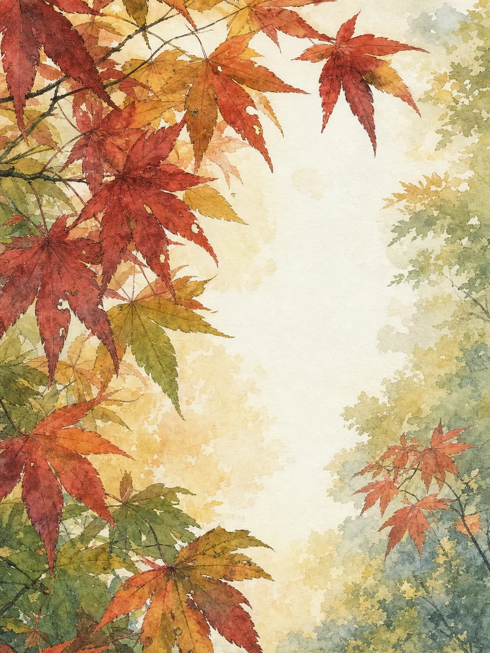 自然光に映える日本のもみじ（水彩フレーム）。もみじ、楓、紅葉、秋の自然向け素材です。