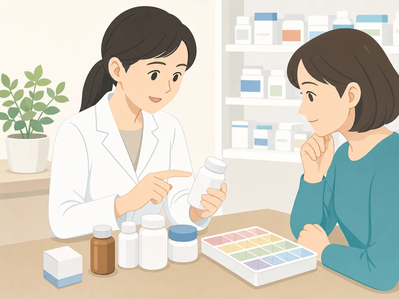 薬の見直しを相談する日本人（フラットイラスト）。薬の見直し、服薬相談、薬剤師、ポリファーマシーの記事や案内に使える商用素材です。