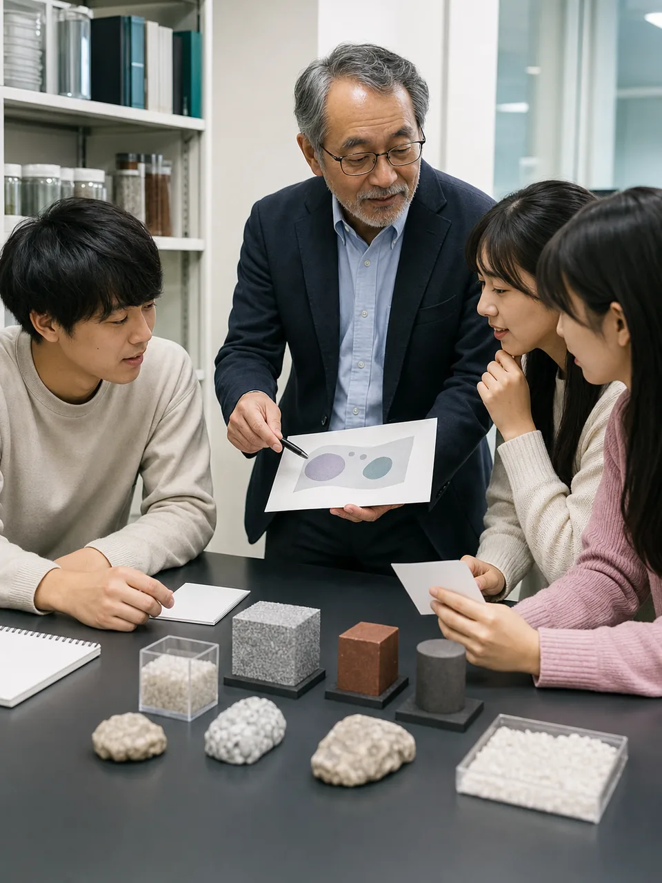 研究を議論する日本人大学生（自然な縦位置写真）。大学ゼミ、研究室、大学生、研究発表の記事や案内に使える商用素材です。