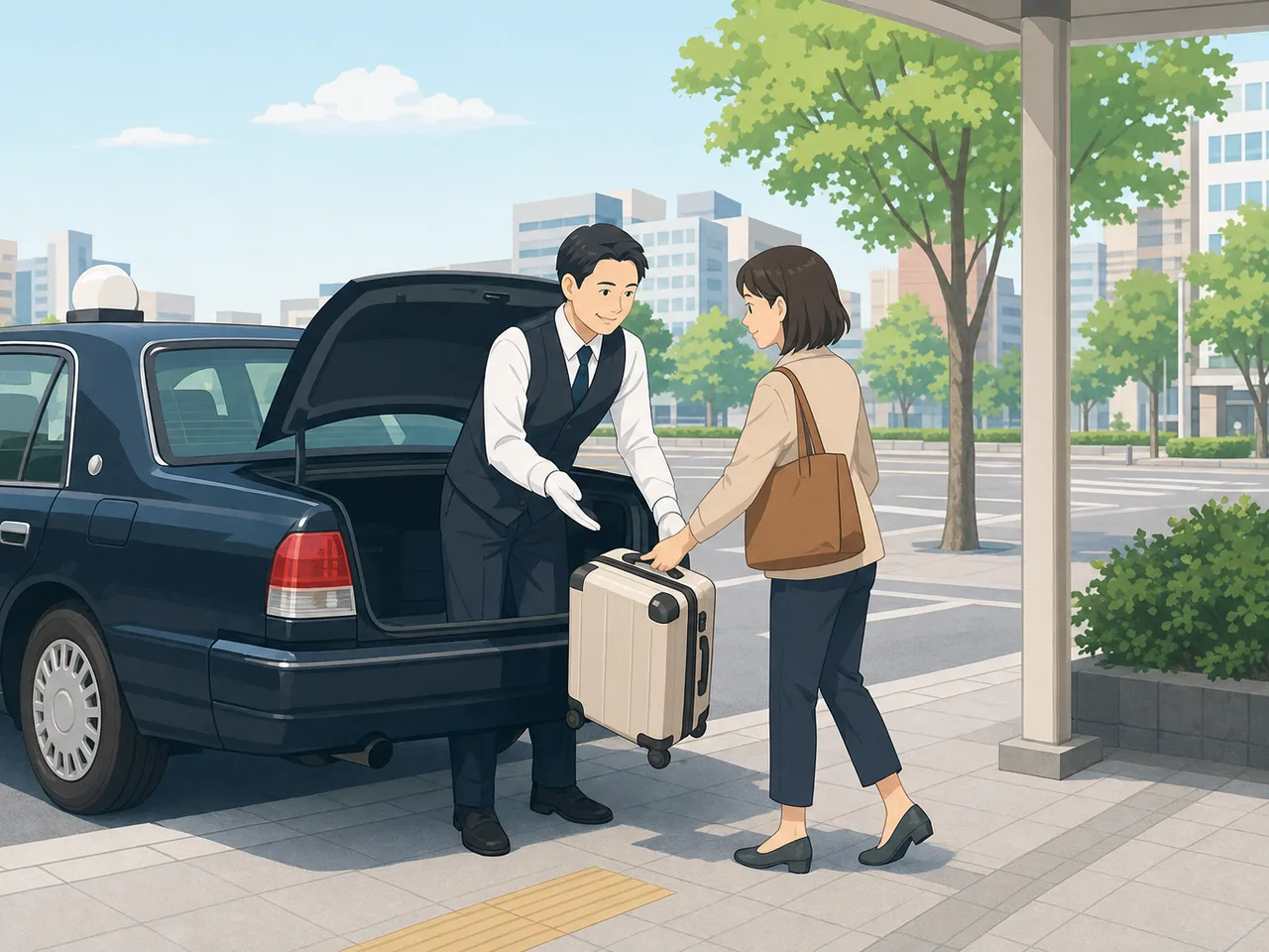 乗客を案内する日本人タクシー運転手（フラットイラスト）。タクシー運転手、地域交通、観光、移動支援の記事向け素材です。