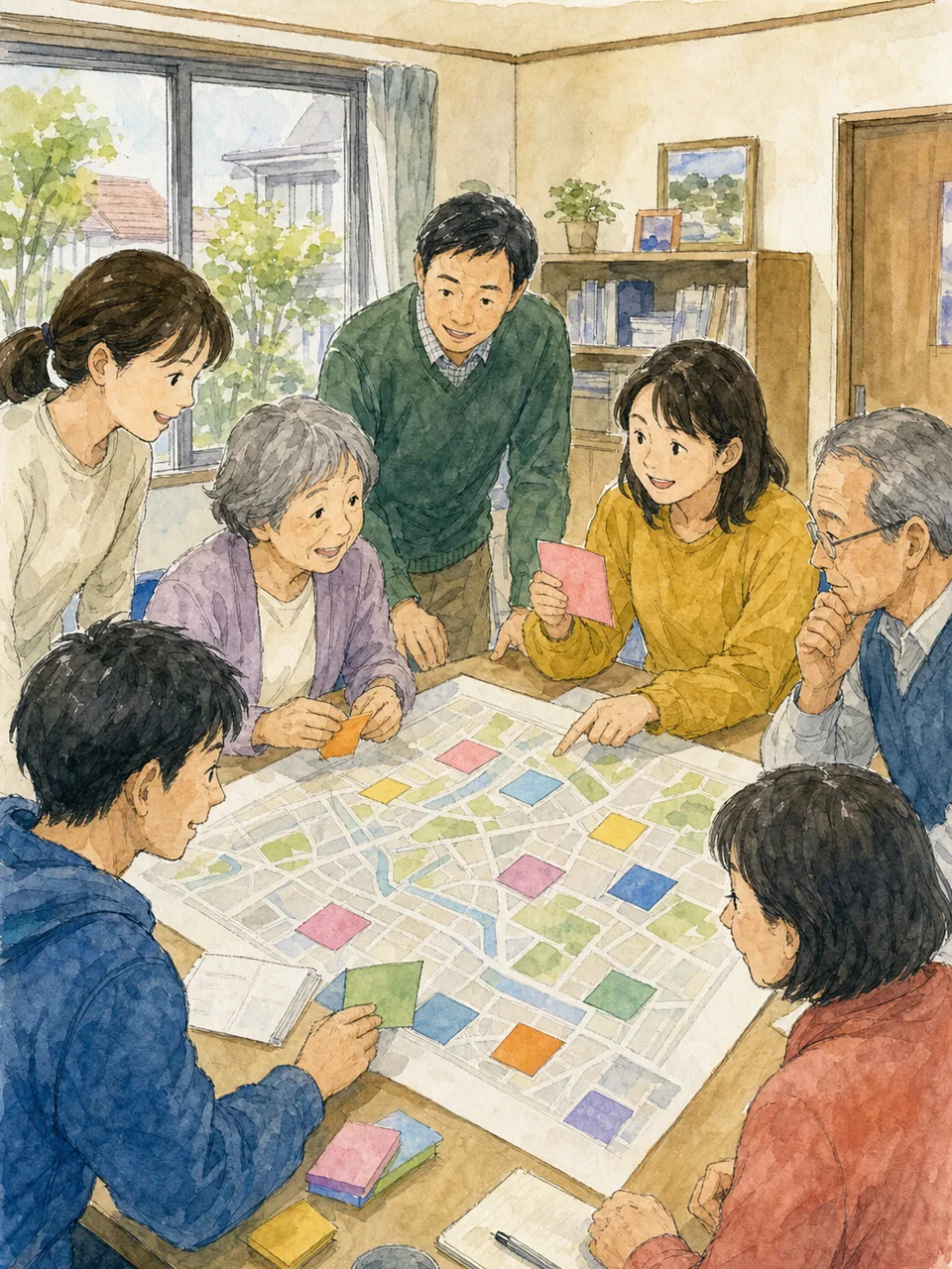 町内会で話し合う日本人住民（手描き水彩）。町内会、自治会、地域コミュニティ、住民活動の記事向け素材です。