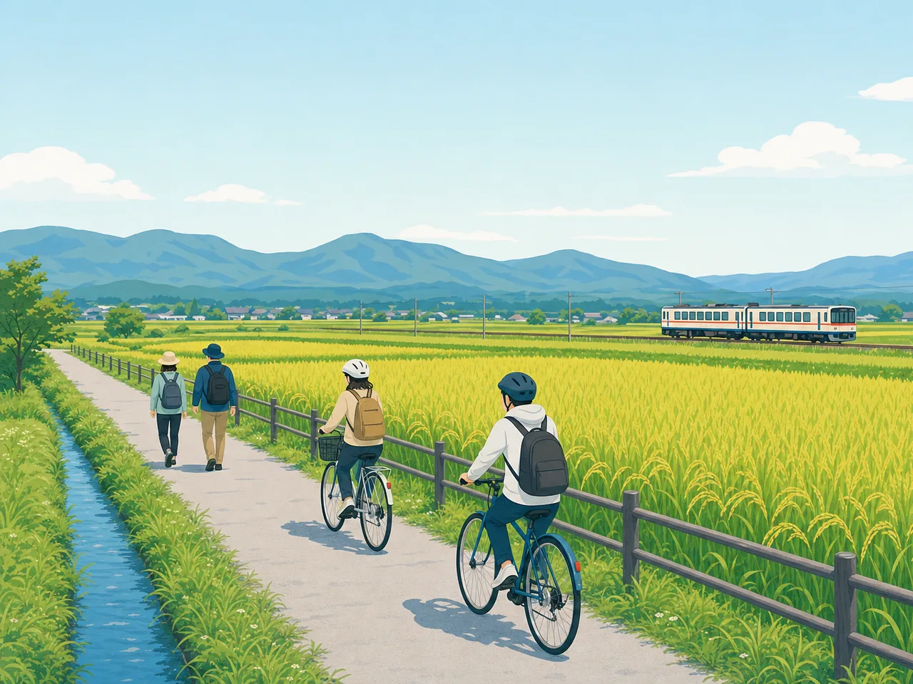 新潟の田園を旅する日本人（フラットイラスト）。新潟、田園風景、地域旅行、稲作の記事向け素材です。
